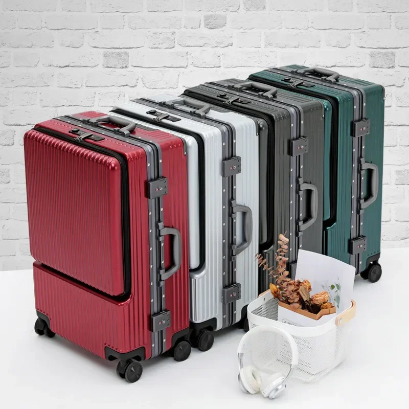 Valise Trolley avec Cadre en Aluminium pour Homme et Femme, Ordinateur, Bagage de Voyage Embarquement, Avant Ouvert, Côté Ouvert, Tige de Traction, 20 Pouces, 24 Pouces, Nouveau