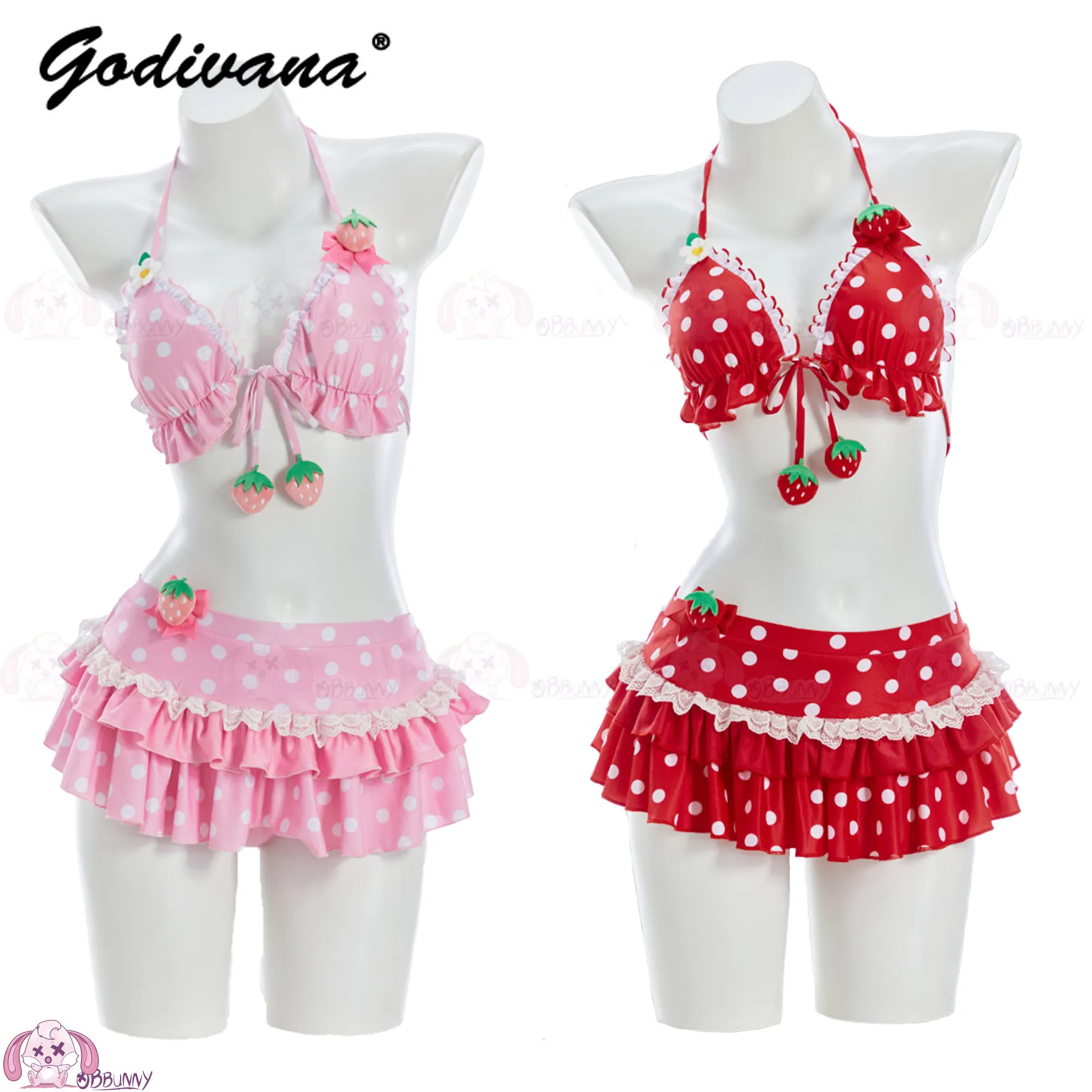 Kawaii Sweet Girls Bikini-Set, Vintage-Bikini mit Polka-Dot- und Erdbeermuster, zweiteiliger Badeanzug, Cosplay-Strand-Badeanzug für Damen