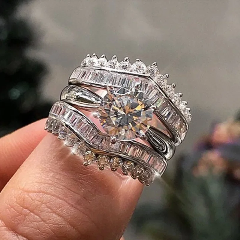 Luxury 3 in 1 Lab Diamond Ring Sets 925 Sterling Silver Engagement Wedding Rings for Women Bridal Promise Party Finger Band Gift