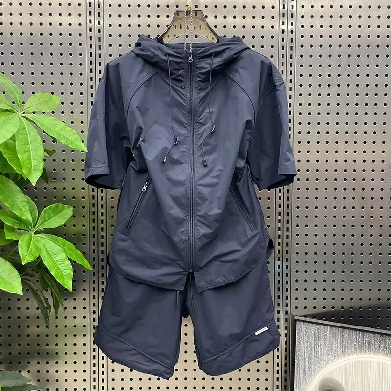 Men Plus Size Summer Quick Dry Sportswear 2 Piece Set Hooded Short Sleeve Jacket + Shorts Loose Fit Outdoor Hiking Tracksuit view 2