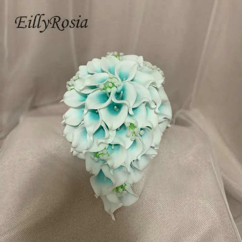 EillyRosia T Blue Cascading Bridal Bouquet with Gypsophila Silk Ribbon Calla Lily Waterfall Wedding Flowers Unique Design New