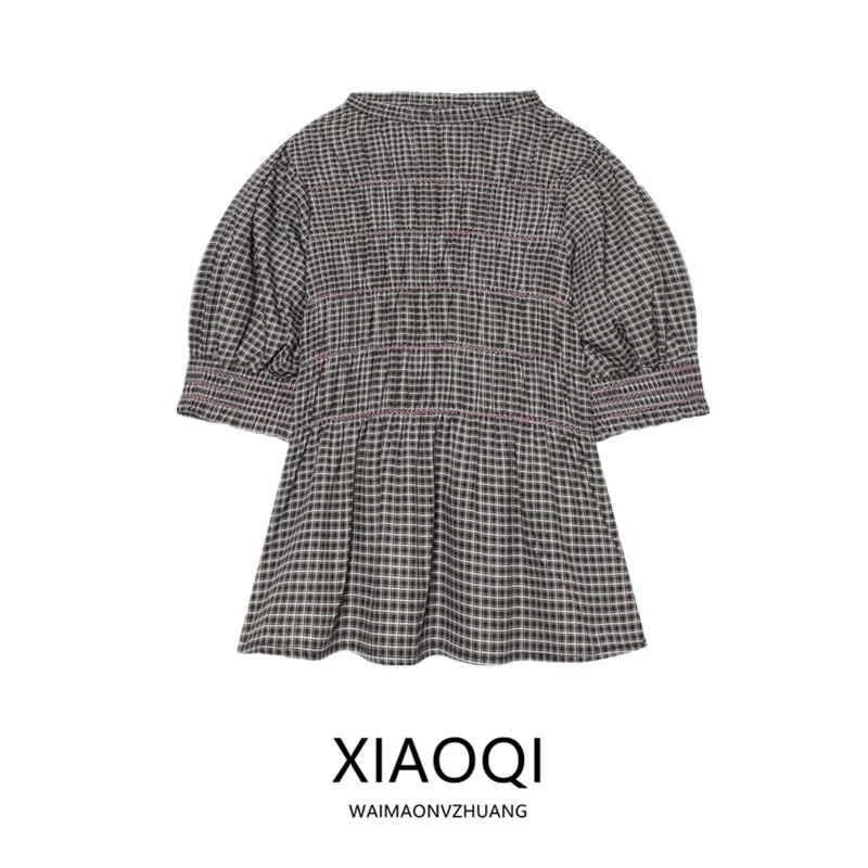 

New Summer 2026 Women's round Neck Bubble Sleeve Embroidered Honeycomb Pattern Shirt Commute Style Waist-Cinching Short Sleeve