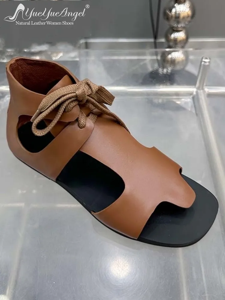 Womens Sandals Vintage Genuine Leather Leisure Hollow Out Lace Up Flat Fashion Footwear Cowhide Daily Ladies Shoes Korean Style