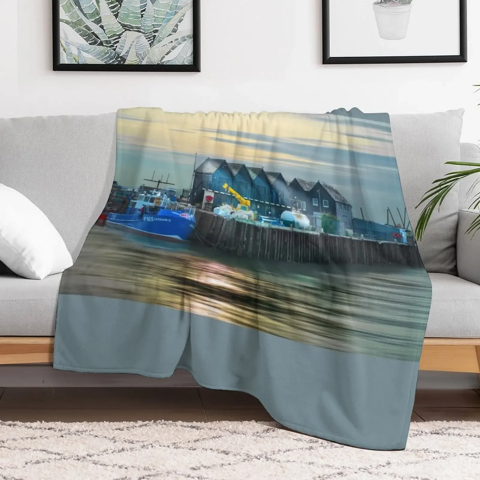 Whitstable Harbour Atmospheric Light Throw Blanket Winter beds Retros Blankets