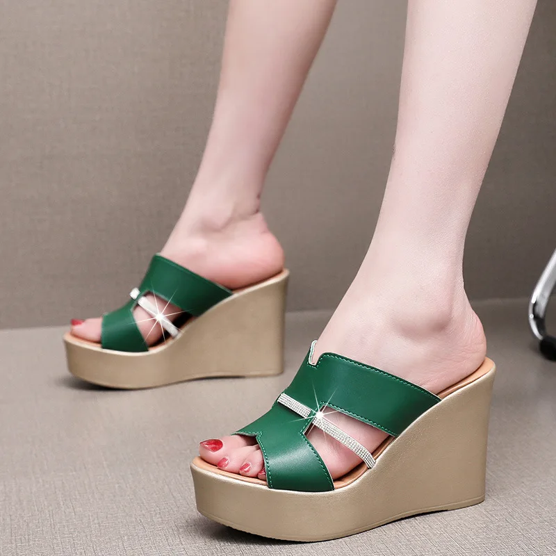 High quality leather wedge sandals for women 6cm 8cm 10cm high heel 2025 summer 33 34 platform open toe elegant shoe white green - Image 4