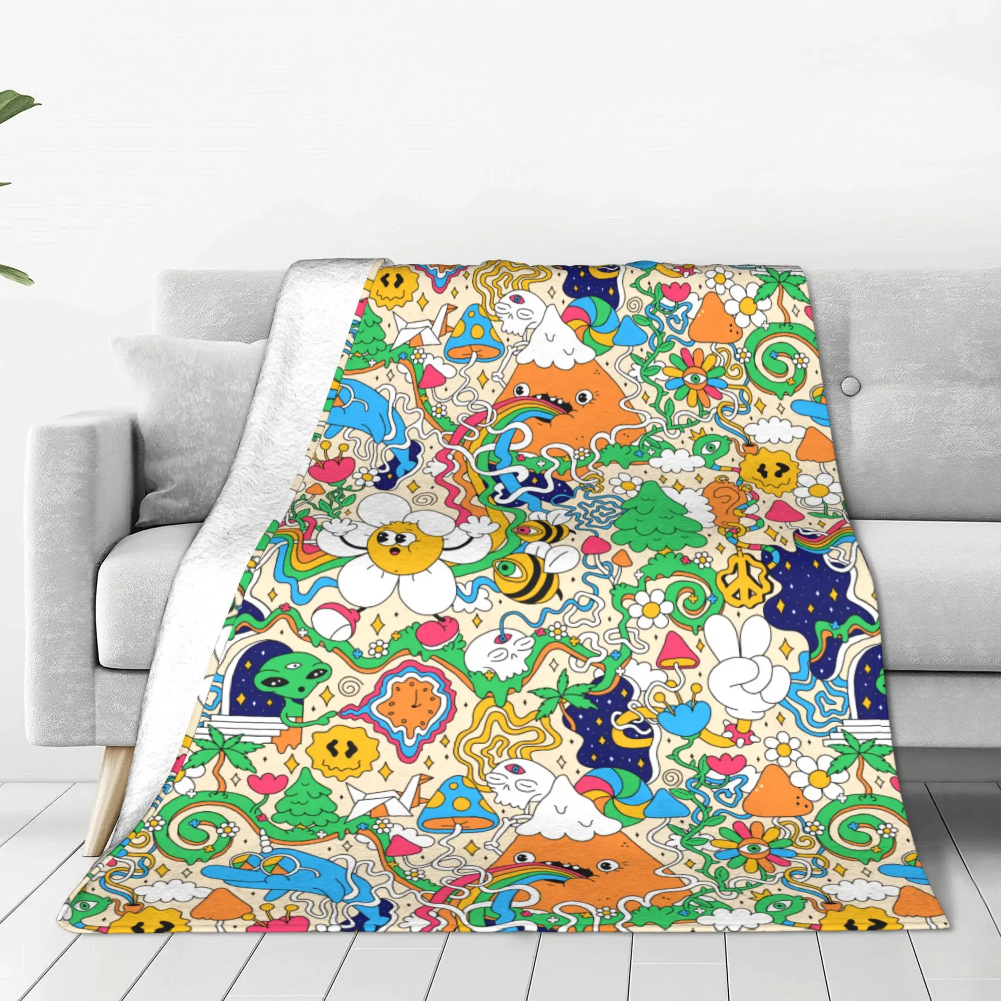 Super Soft Psychedelic Trippy Mushroom Melt Smile Face Throw Blanket Premium Fleece 60s 70s Hippie Art Blanket Fuzzy Plush