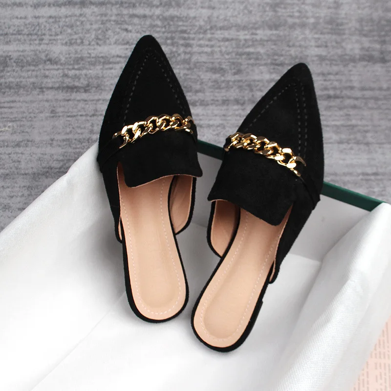 Mules à bout pointu pour femmes, chaussures d'extérieur décontractées avec chaîne en métal, grande taille 41 à 43, printemps 2023