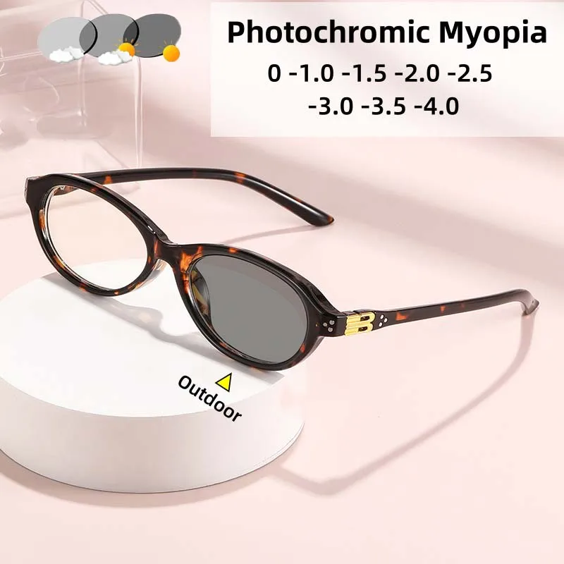 

Fashion Trend Oval Photochromic Myopia Glasses Women's Ultra Light High-definition Anti Blue Light Glasses Diopter To -4.0