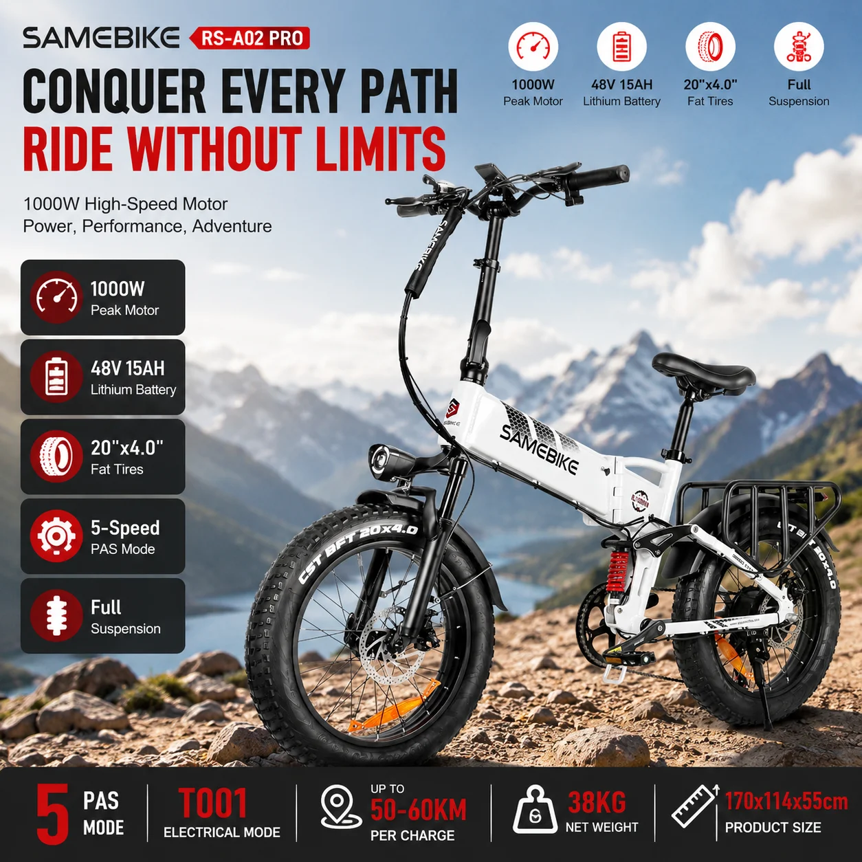 SAMEBIKE RS A02 Pro 20” Folding Electric Bike 1000W Brushless Motor 48V 15Ah Battery Shimano 7-Speed Fat Tire E-Bike for Adults
