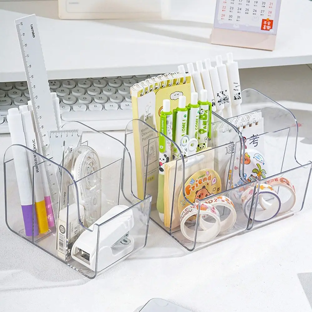 Durable Transparent Desk Stationery Storage Box 3 Grids INS Style Pen Storage Box Large Capacity Pencil Container
