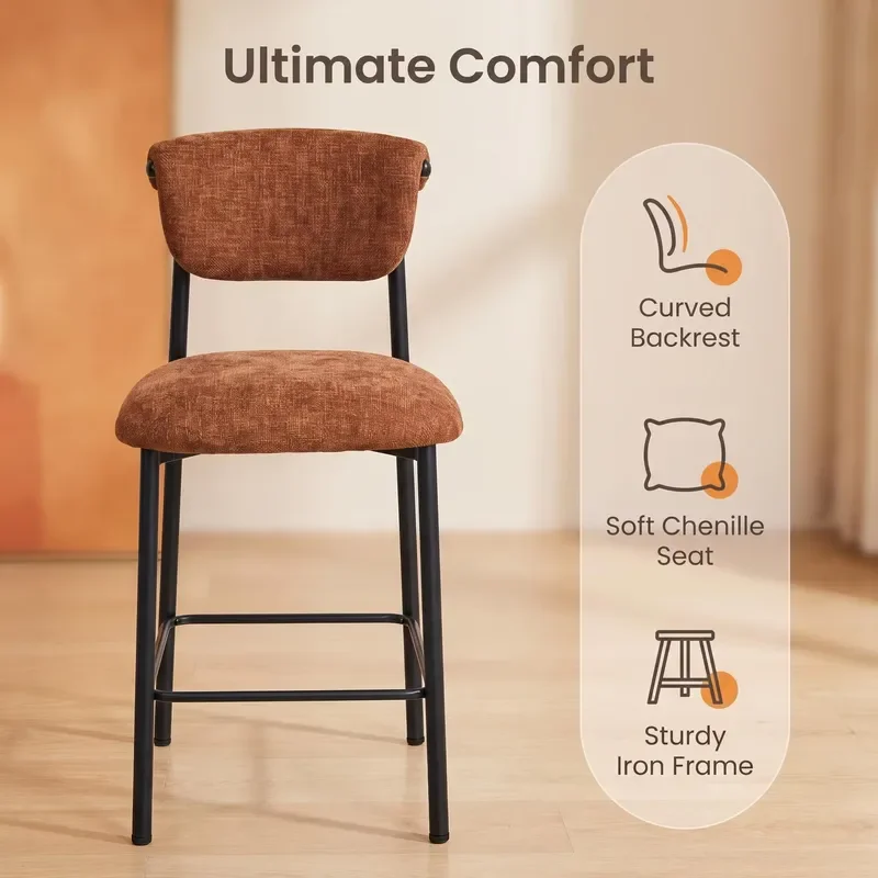 Modern Orange High Bar Stool with Curved Backrest Black Iron Frame Upholstered Seat for Commercial Counter and Family Kitchen