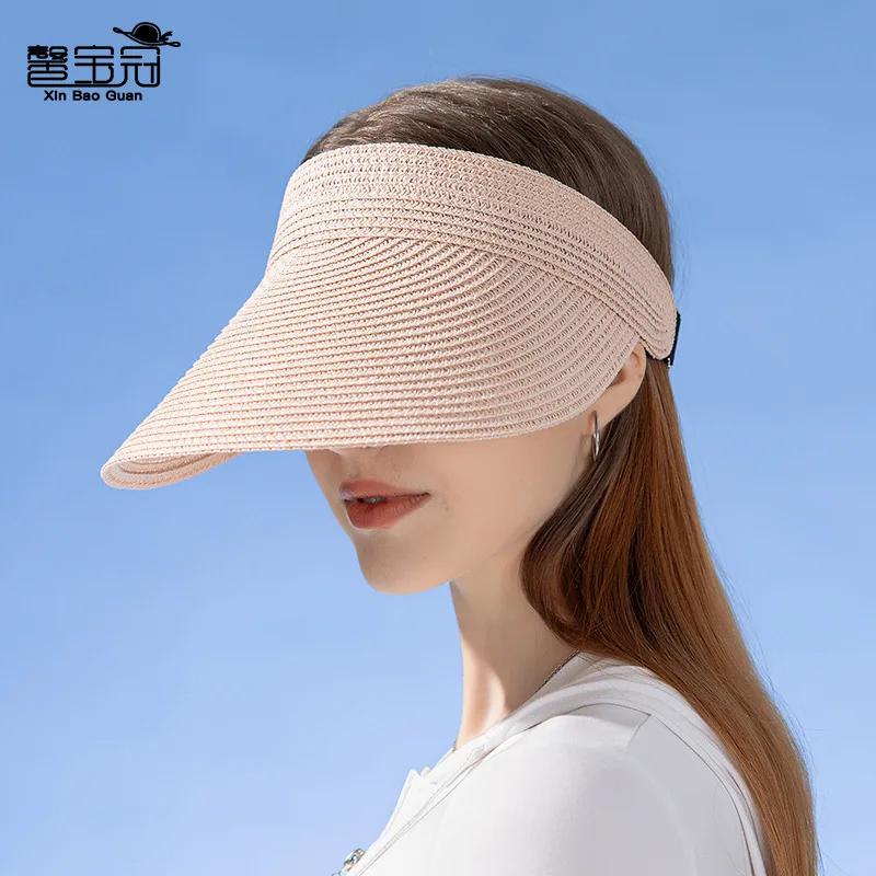 UPF50+ Wide Brim Visor Hat for Women Straw Beach Sun Visor Foldable Ponytail with UV Protection