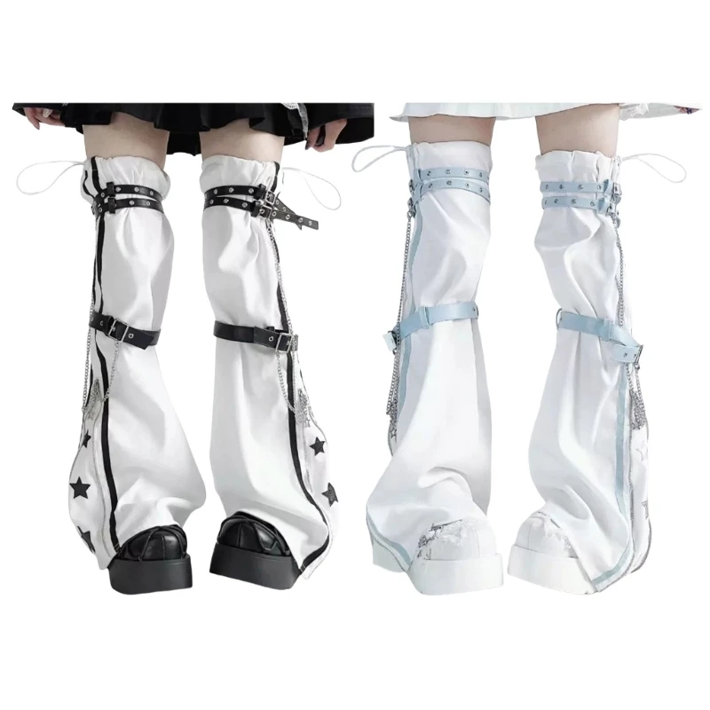 Aesthetic Punk PU Harness Strap Leg Cover Socks for Women Harajuku Star Print Zippered Flared Thigh High Long Leg Warmer