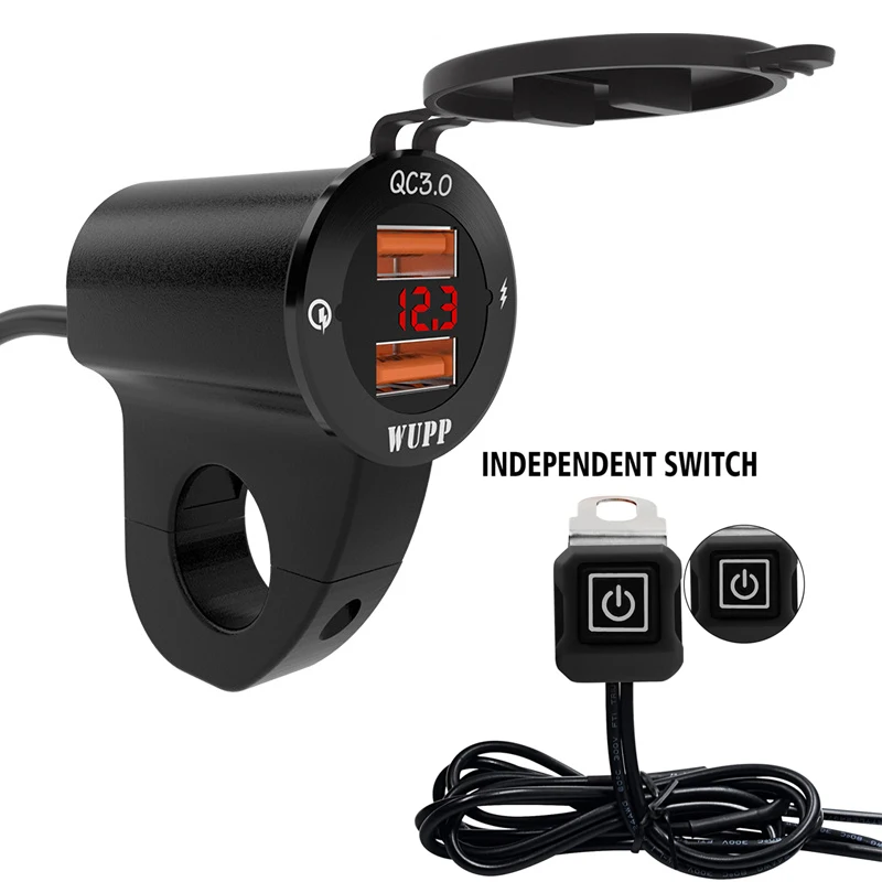 Liga de alumínio motocicletas guiador montagem sae impermeável 12v qc3.0 duplo usb carregador voltímetro interruptor para celulares gps