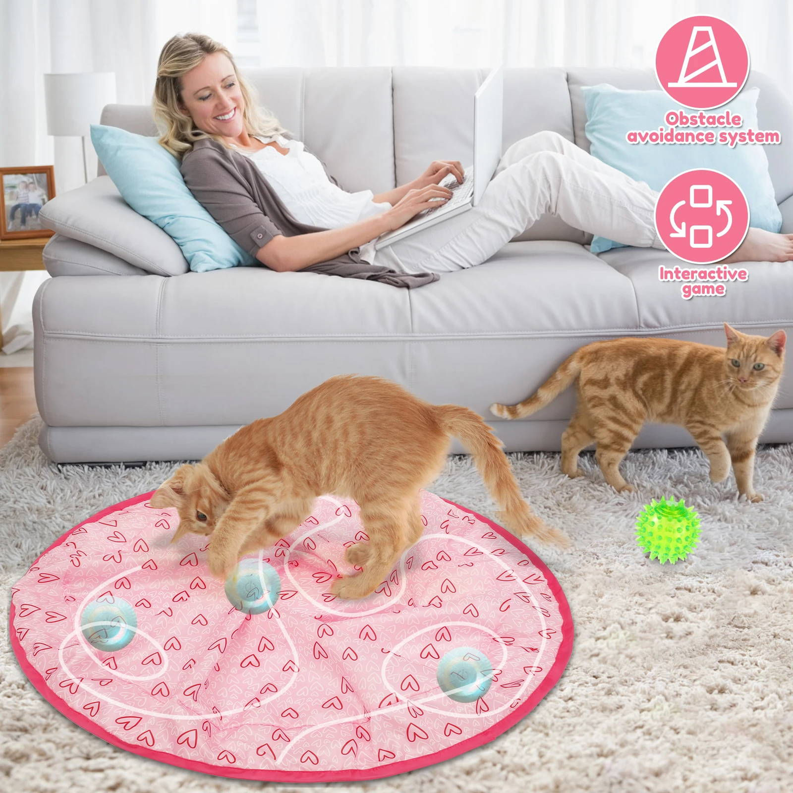 Automatic Cat Toys Cat Hunting Toy Mat Electric Motion Moving Bouncing Roll Ball Funny Interactive Toy with Elastic ball 2 Mode