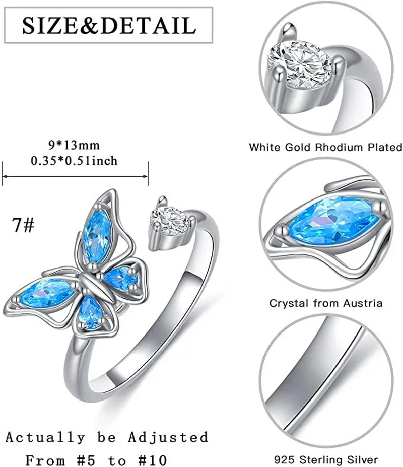 Luxuriöser Schmetterlings-Sonnenblumen-Fidget-Spinner-Ring gegen Angstzustände für Frauen, Kristallblumen-Angst-Fingerringe, Anti-Stress-Hochzeitsschmuck – Detail 2