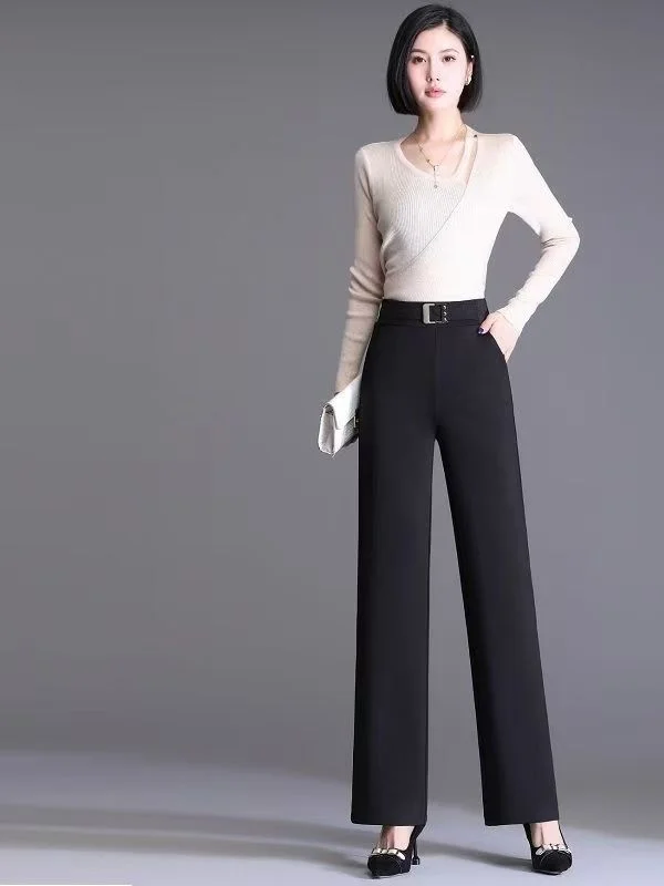 

High Waist Wide Leg Pants Women's Spring Autumn New Style Drapey Elastic Black Versatile Slimming High Waist Trousers