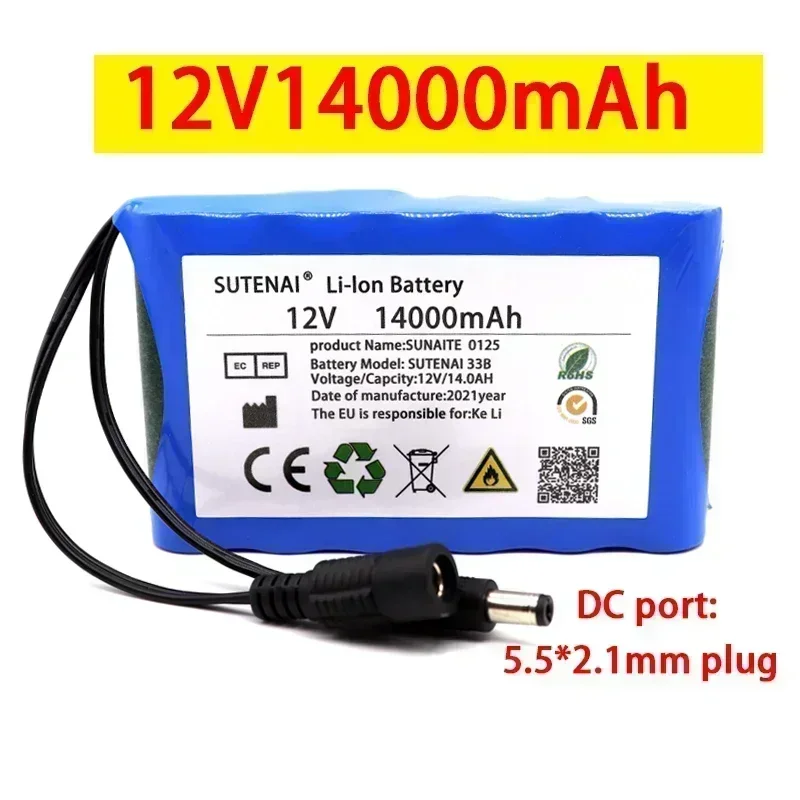 SUTENAI Przenośny akumulator litowo-jonowy Super 18650 Pojemność DC 12 V 14000 Mah Monitor kamery CCTV + Ładowarka 12,6 V 1 A