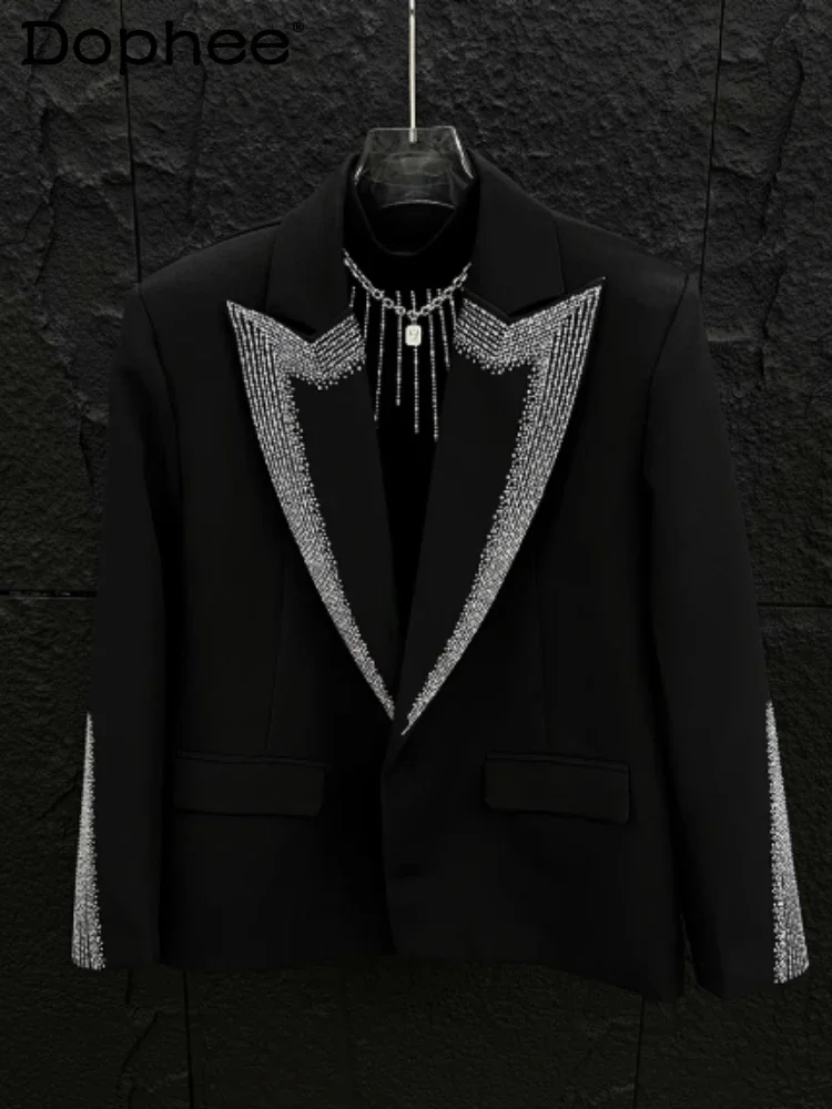 2024 Autumn New Male Blingbling Hot Diamond Black Blazers Men's Trendy Loose Handsome Suit Jackets Male Long Sleeve Suit Jacket