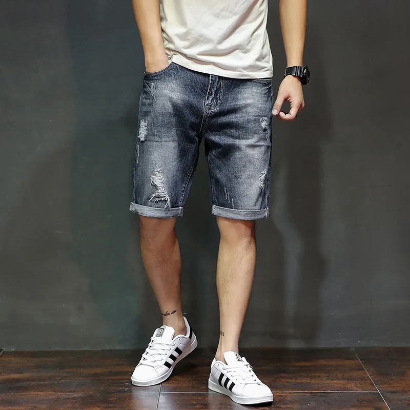 2022 Summer New Men's Denim Shorts Fashion Slim Fit Elastic Cotton Blue Wash Ripped Jeans Male Brand Clothes