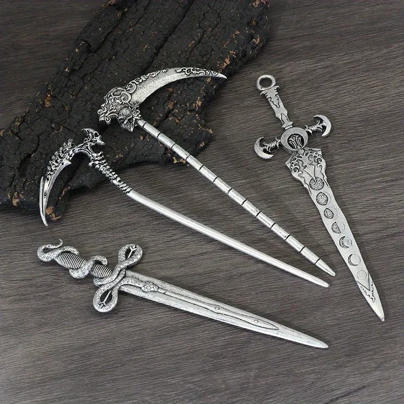 Viking Punk Sickle Skull Hair Stick Gothic Hairpin Metal Witch Shaped Hairpin Retro Norwegian Jewelry Accessories