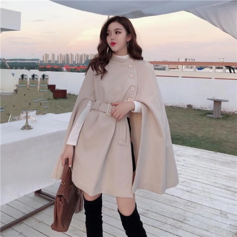 2024Autumn High Quality New Woolen Cloth Shawl Cape Poncho With Belt Women Mid-length Korean Sleeveless Casual Ladies Cape Coats