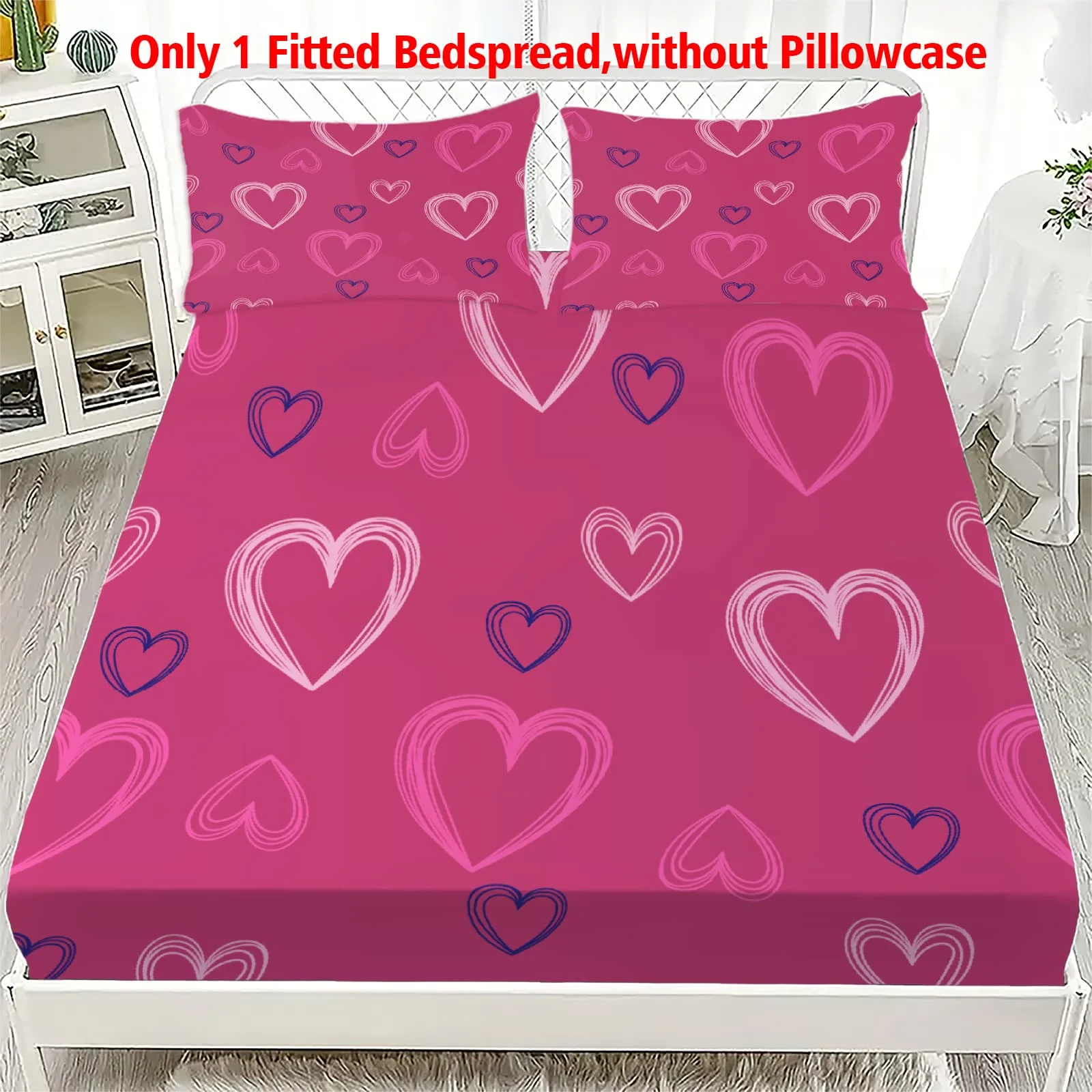 1-pc Pink Heart Design Bed Sheet -100% Polyester, Digital Print, Breathable All-Season Fitted Sheet