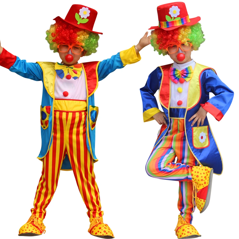 Kids Carnival Clown Circus Cosplay Costumes With Shoes Wig Children Boys Girls Baby Birthday Party Jumpsuit Hat