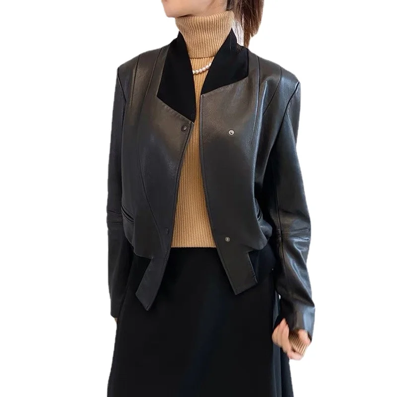 2022 new leather clothes women's fashion short Multi Size rib collar coat women's leather jacket design woman jacket