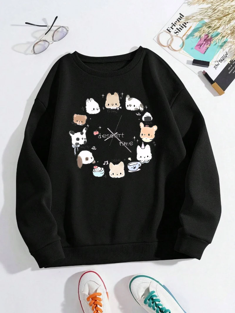 الحلوى الوقت الإبداعية الحيوانات ساعة تصميم مطبوعة بلوزات امرأة أعلى س الرقبة الصوف الشارع الشهير لينة الخريف الملابس النسائية