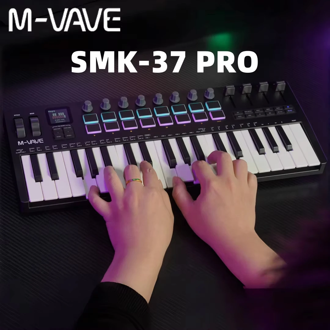 M-VAVE SMK-37 PRO Portable Mini MIDI Keyboard 37 Velocity Sensitive Keys Support Wireless With 16 RGB Drum Pads Control Console