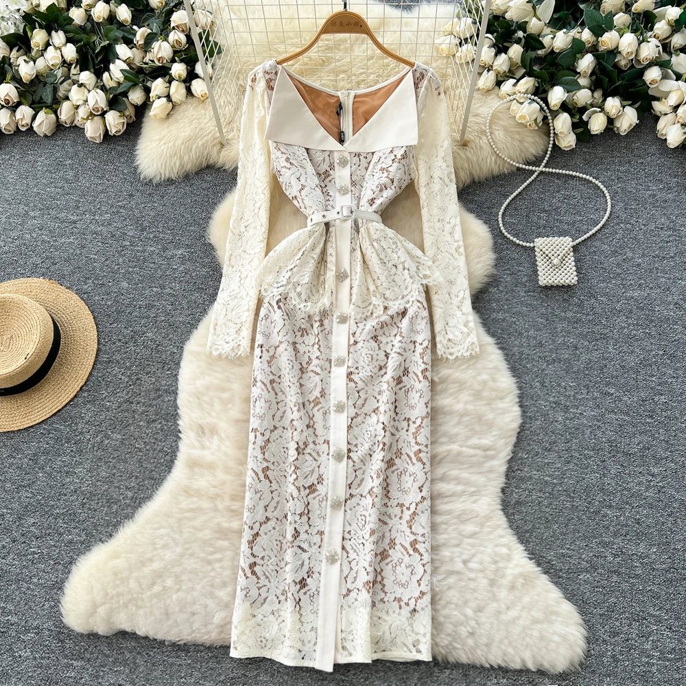 

Сексуальное кружевное платье с длинными рукавами и отложным воротником, винтажное элегантное женское вечернее базовое корейское модное платье феи