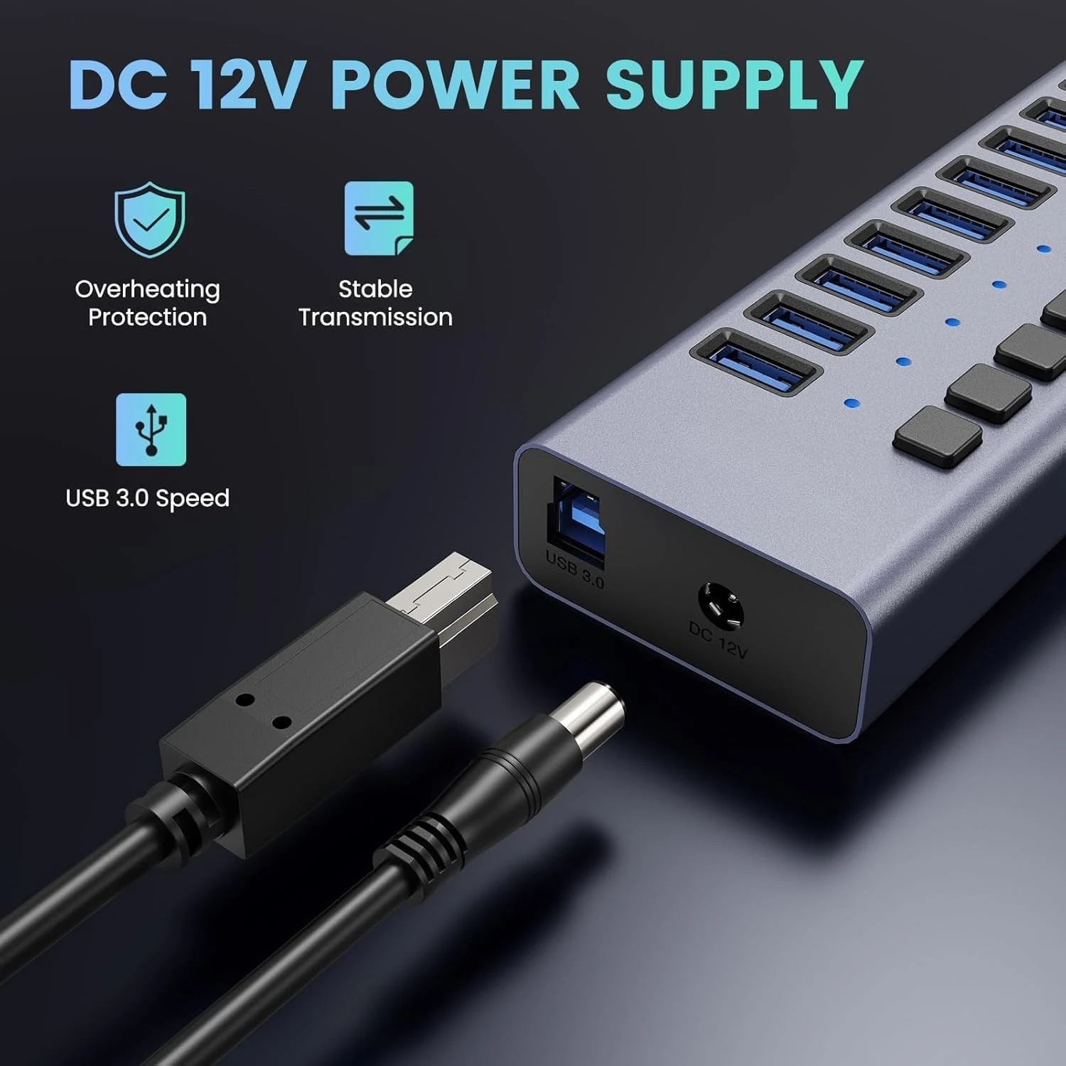 محور USB يعمل بالطاقة 90 وات - 16 منفذ بيانات USB 3.0، غلاف من الألومنيوم، مفاتيح تشغيل/إيقاف فردية، شعبية جديدة