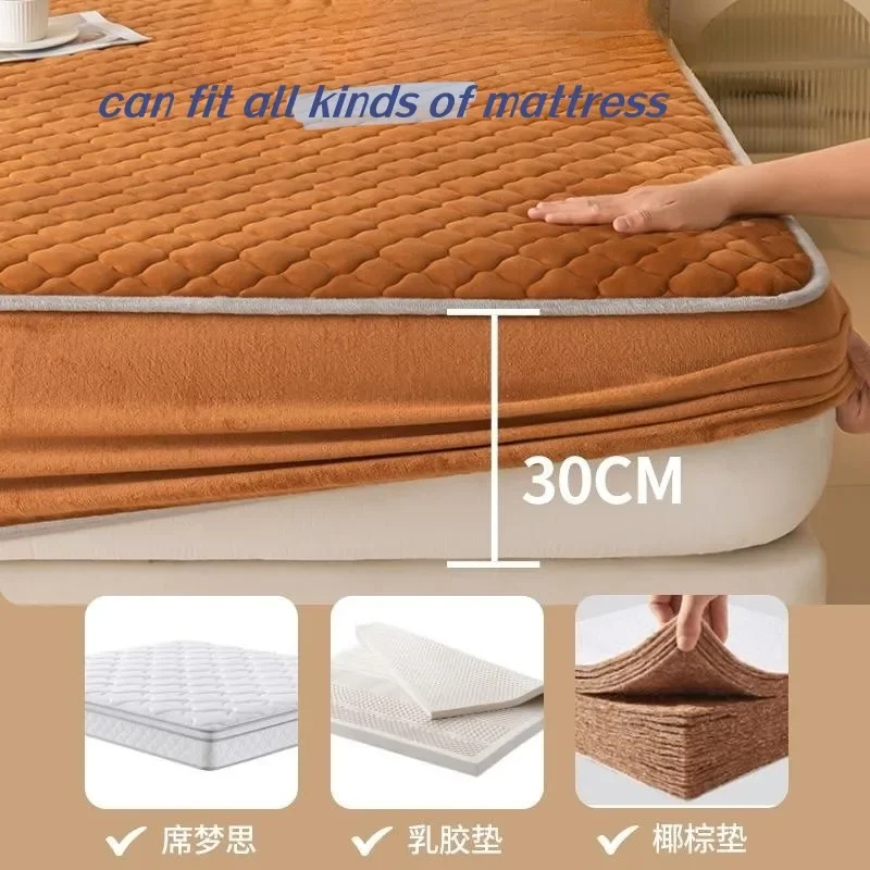 Super Thick Fleece Warm Mattress Cover All-inclusive Fluffy Quilted Fitted Bed Sheet Solid Color Mattress Protector for Winter