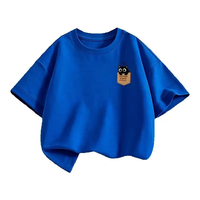 Kitten Pocket Children's T-shirt Short Sleeved Summer Pure Cotton Fashionable Top Loose Casual Half Sleeved Parent-child T-shirt