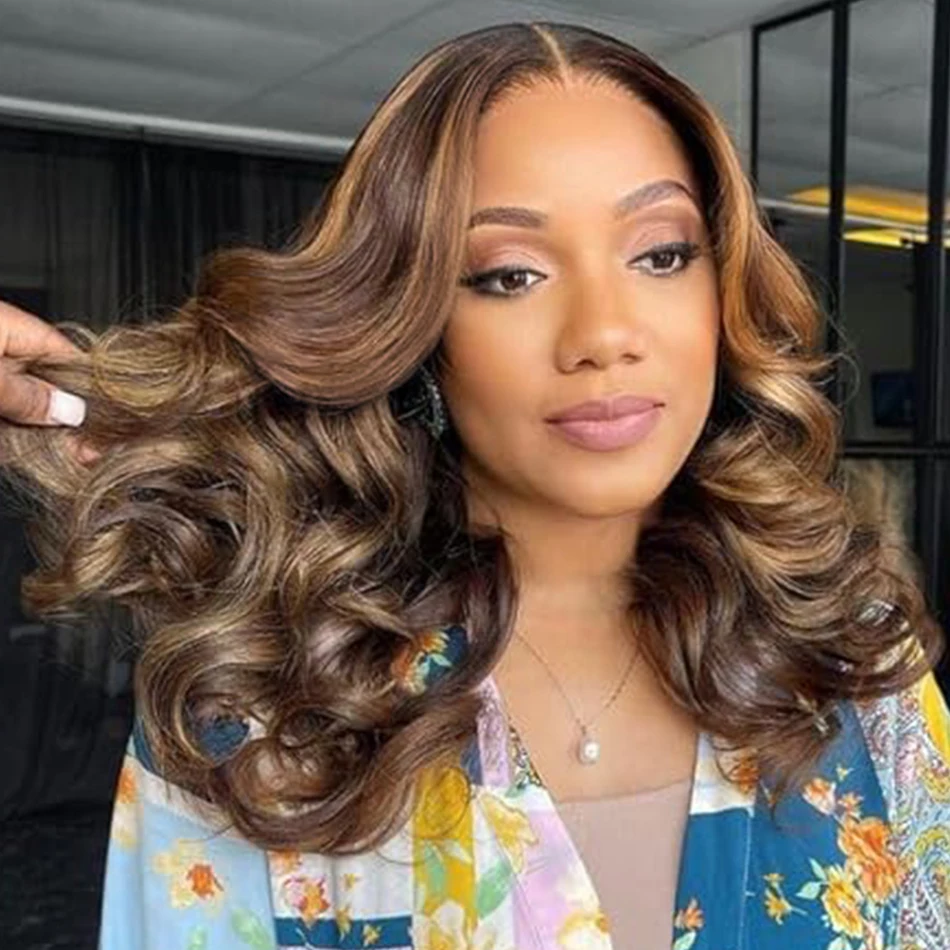 

12A 250% Density Highlight Ombre Bouncy Wave Lace Front Wigs Pre Plucked 13x4 HD Glueless Brazilian Loose Body Wave Frontal Wigs