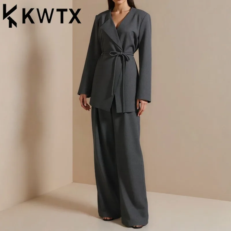 

KWTX женский однотонный костюм из 2 предметов, весна-лето, повседневный пиджак и широкие брюки с завязками на талии и лацканами, элегантный винтажный шик