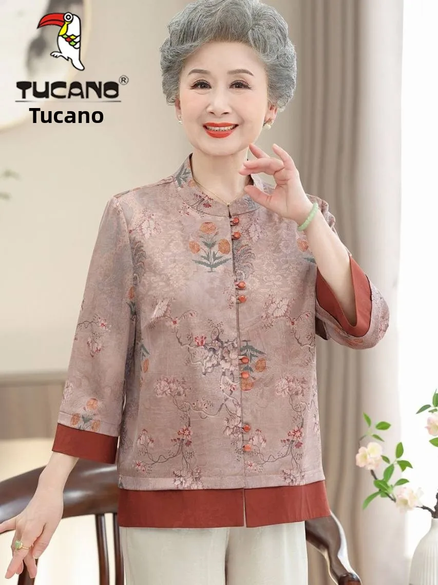 Camisa de Verão Estilo Avó da Marca TUCANO para Senhoras Idosas, Seda Xiangyun, Manga Três Quartos, Corte Solto, Fibra de Pol...