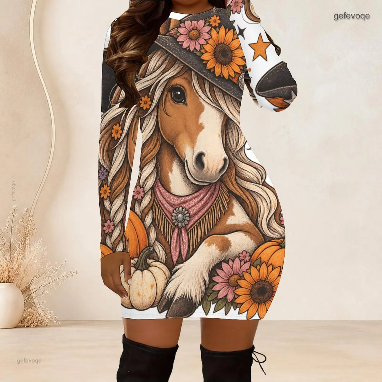 Women Crew Neck Long Sleeve Bodycon Mini Dress Slim Fitted Pencil Short Dress Custom Print Ladies Club Party Dresses