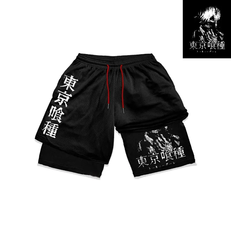 Pantalones cortos de Anime Tokyo Ghoul para hombre, ropa deportiva 2 en 1 de secado rápido para entrenamiento, deporte, Fitness, color negro