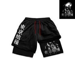 Pantalones cortos de Anime Tokyo Ghoul para hombre, ropa deportiva 2 en 1 de secado rápido para entrenamiento, deporte, Fitness, color negro