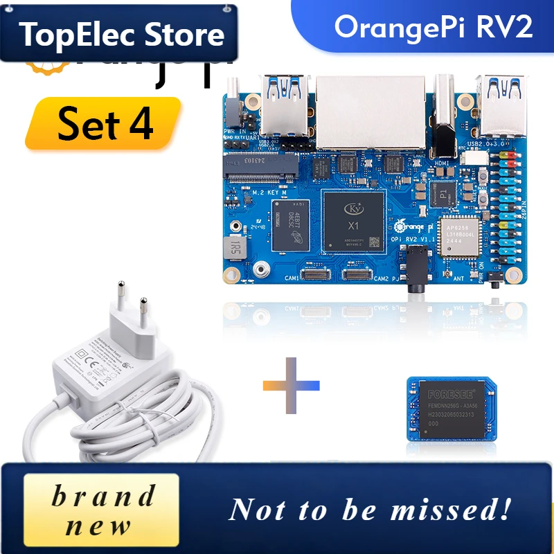 TopElec Orange Pi RV2 8GB RAM + 64GB EMMC Module + Power Supply Development Board RISC-V AI 2TOPS NPU WiFi+BT5.0 M2.0 NVMe SSD P