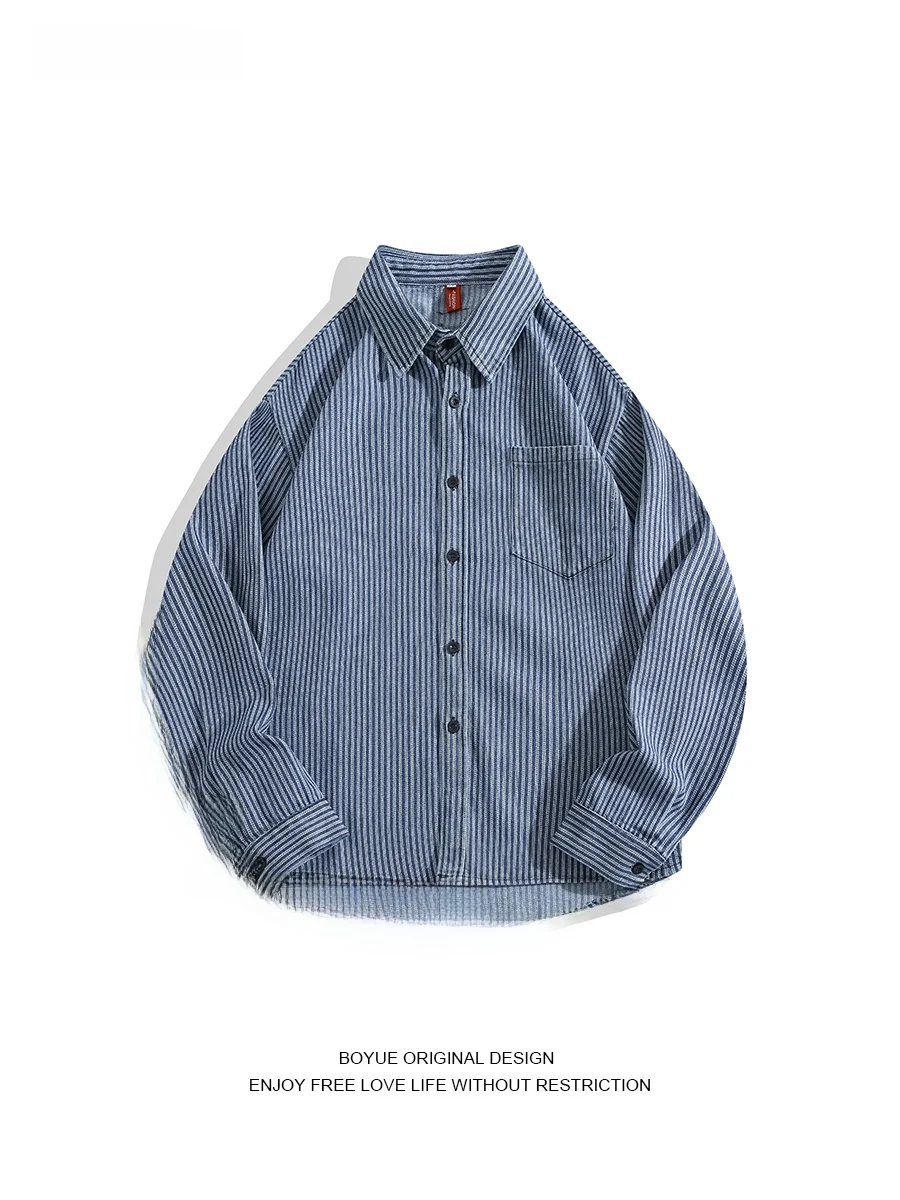 

Boyue Denim Striped irt Autumn Winter American Street Chic Workwear Simple Trendy ex Couple Open Cardigan Long Sve S...