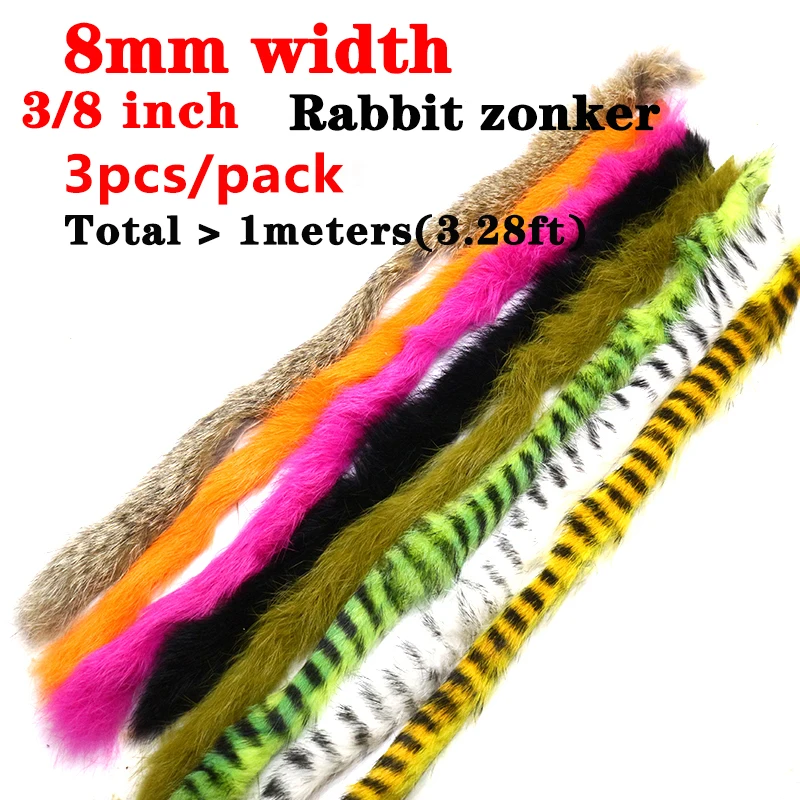 8 optional colors Magnum rabbit zonker 3pcs/pack total 1meter 8mm wide zonker pelt genuine rabbit hair fur fly tying materials