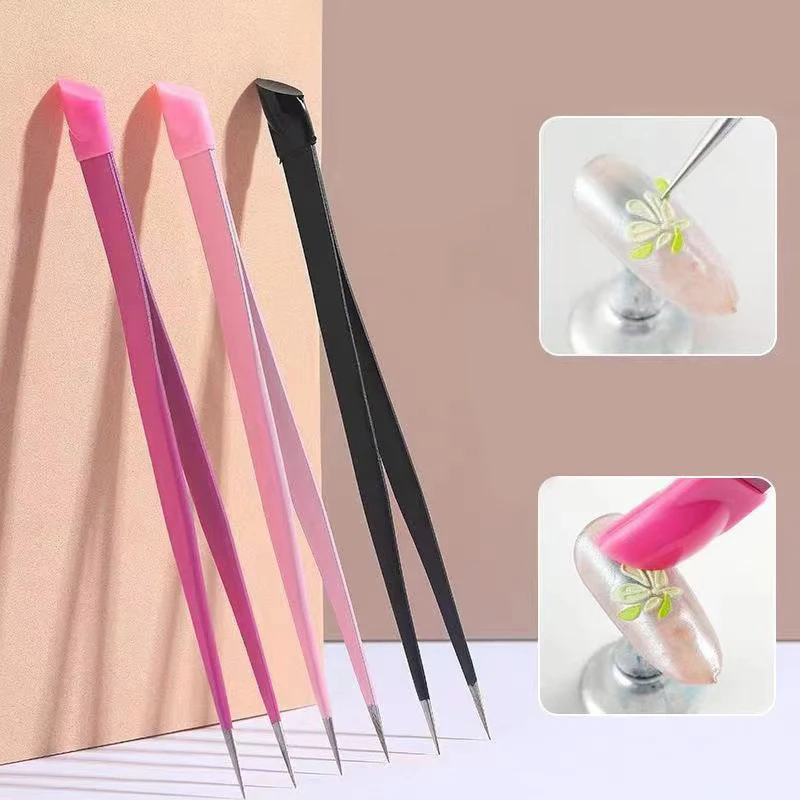 Dubbelzijdig Siliconen Nail Art Pincet Met Drukkop Nagelstickers Steentjes Pick-Up Clip Wimper Extensie Make-Up Tools