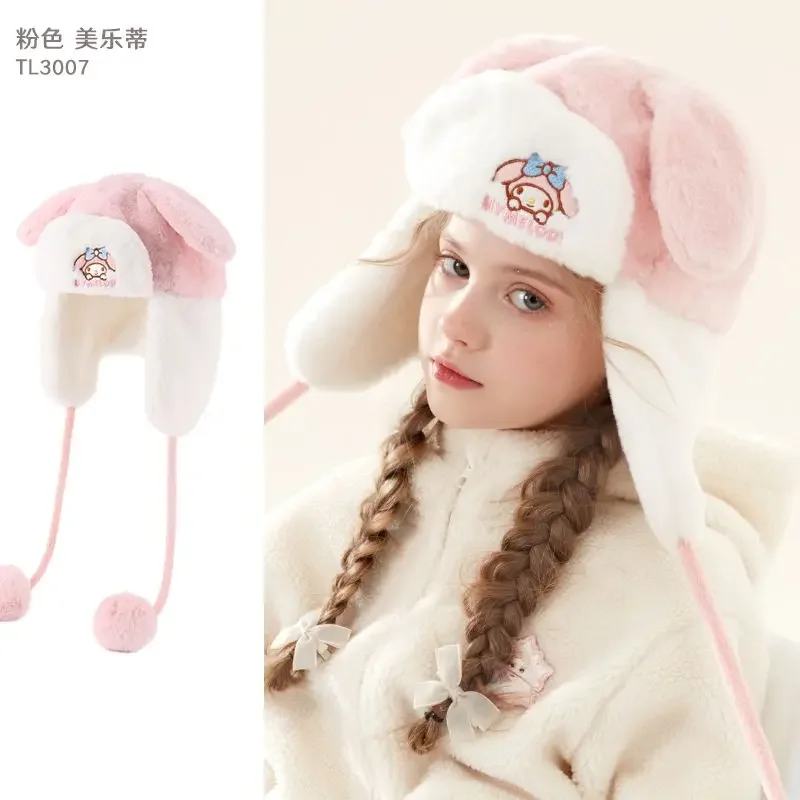 Sanrio Cartoon Cute My Melody Ushanka Thickened Winter Kuromi Warm and Coldproof Ear Hat for Girls Autumn Gift