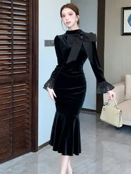 SMTHMA High End Exquisite Temperament Bow Beaded Velvet Dress Women's Full Long Sleeve Black Trumpet Mermaid Dresses