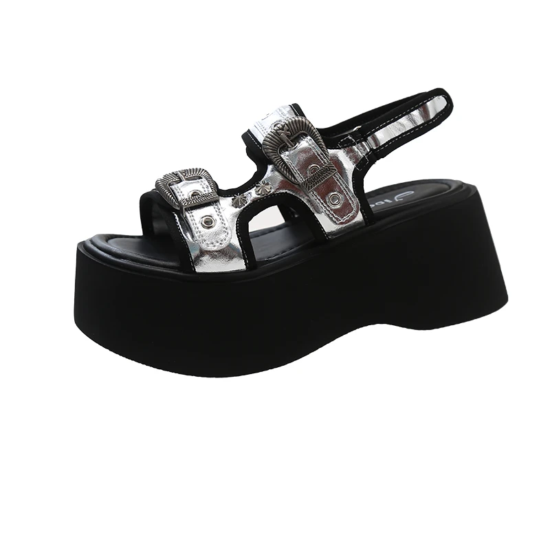 2024 New Fashion Roman Sandals Women\'s Summer Hollow Cool Boots Functional Wind Metal Buckle Increase Platform Platform Shoes