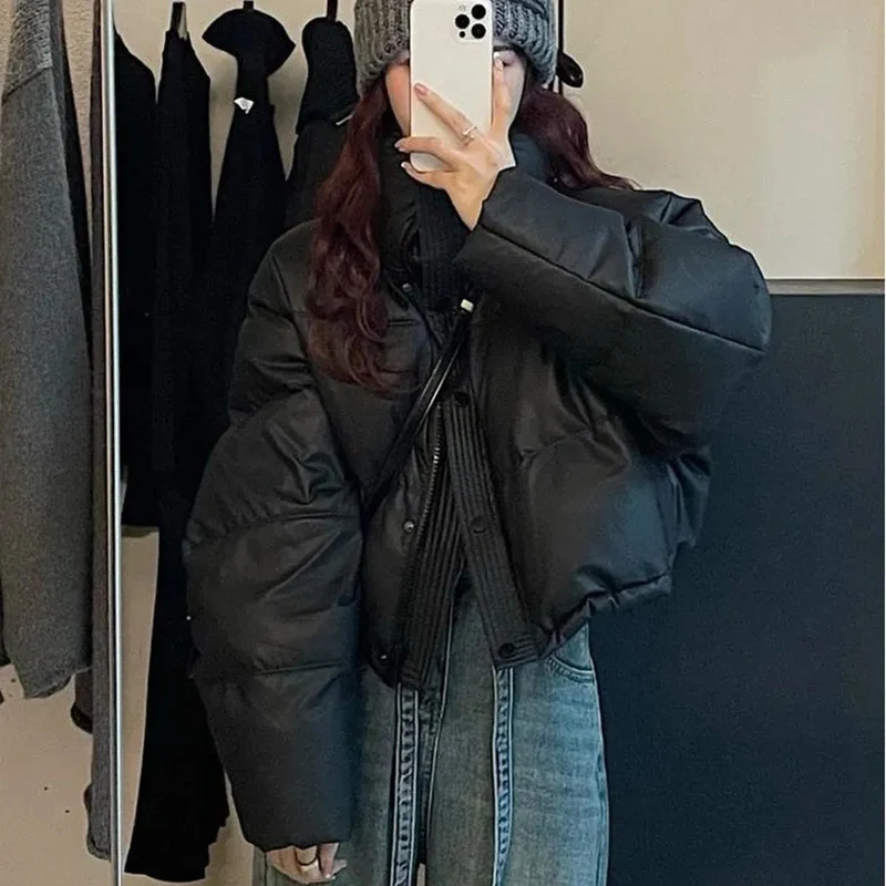 2023 Winter Pu Leather Jacket for Women Streetwear Thick Warm Padded Coat Female Oversized Zipper Crop Outerwear Ladies Coats