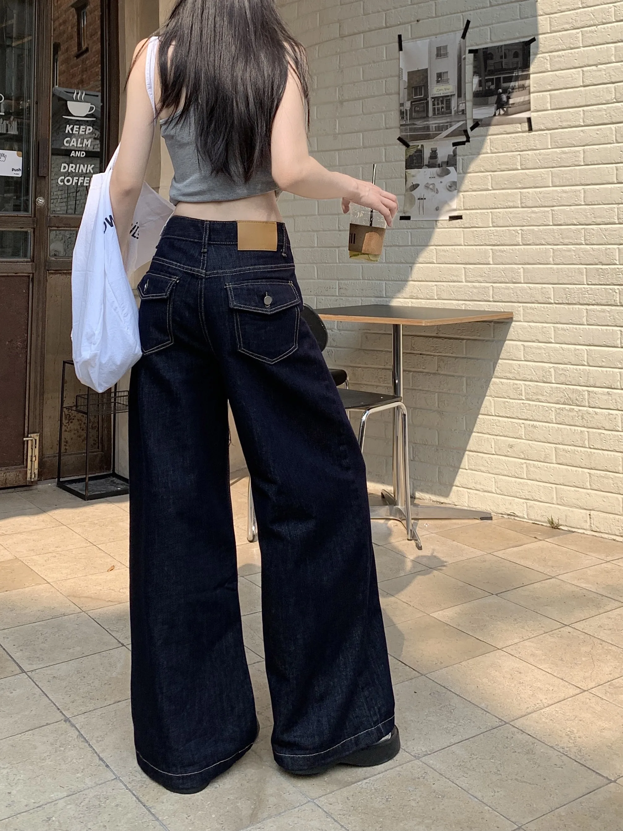 

Retro American Washed Deep Blue Jeans Women's High Waist Loose Straight Leg Floor-Length Pants Spring Wear Casual Denim